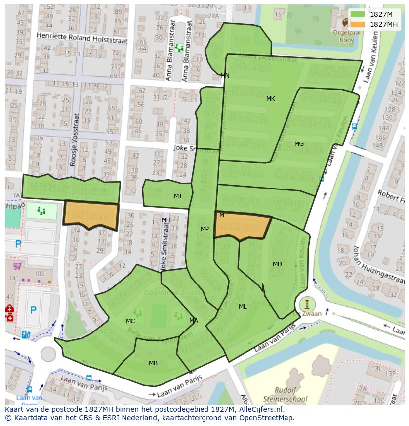 Afbeelding van het postcodegebied 1827 MH op de kaart.