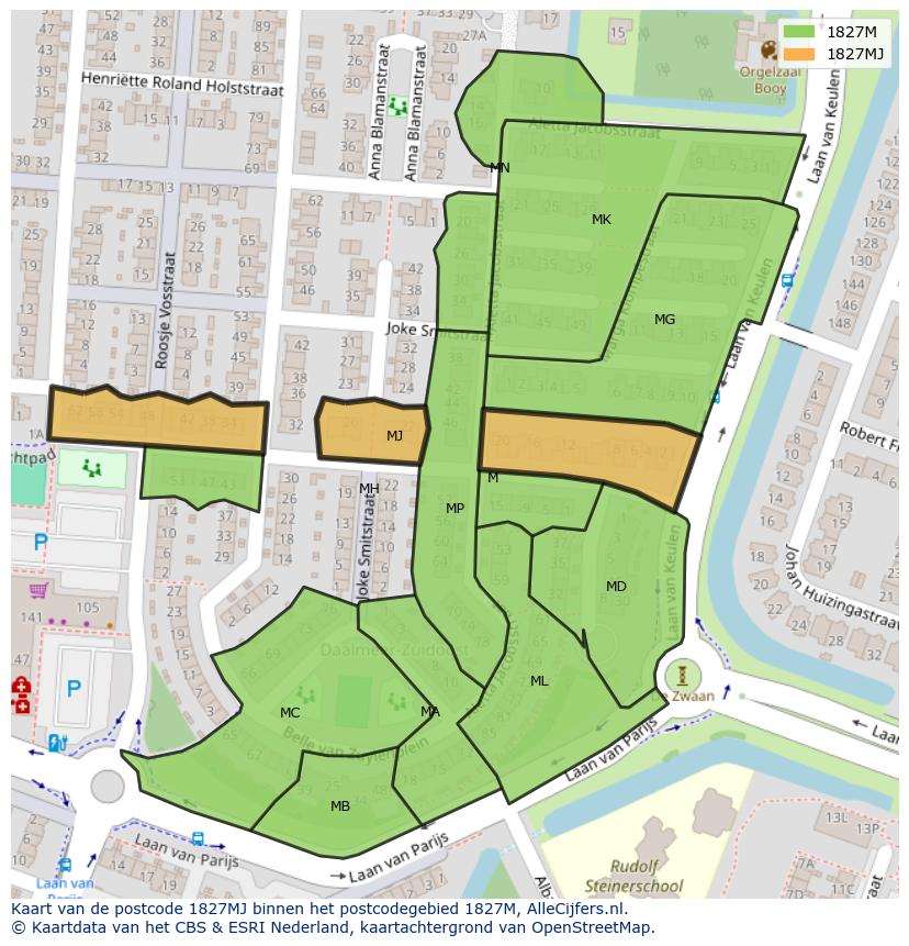 Afbeelding van het postcodegebied 1827 MJ op de kaart.