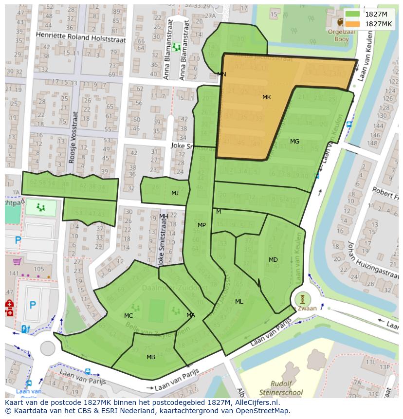 Afbeelding van het postcodegebied 1827 MK op de kaart.