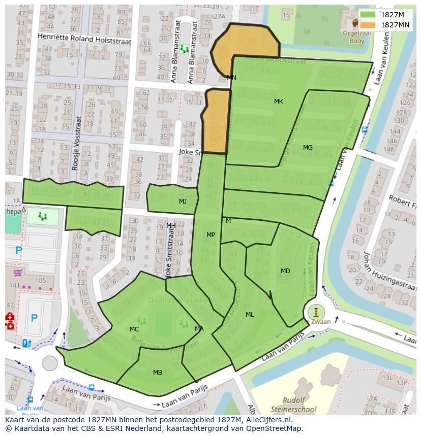 Afbeelding van het postcodegebied 1827 MN op de kaart.