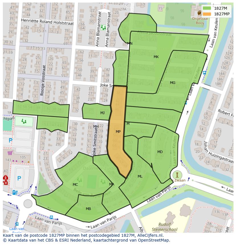 Afbeelding van het postcodegebied 1827 MP op de kaart.