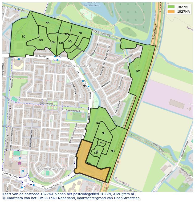 Afbeelding van het postcodegebied 1827 NA op de kaart.
