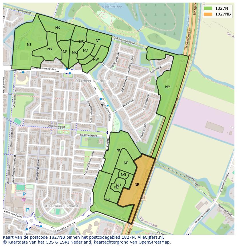 Afbeelding van het postcodegebied 1827 NB op de kaart.