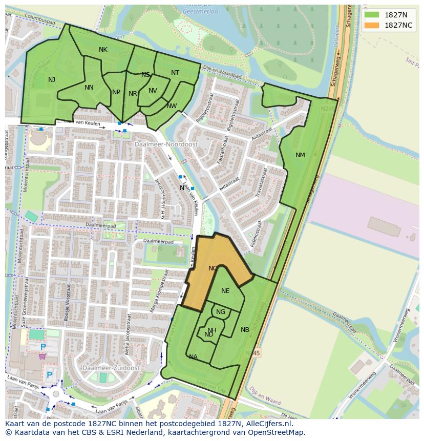 Afbeelding van het postcodegebied 1827 NC op de kaart.