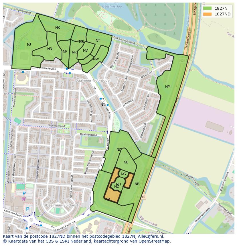 Afbeelding van het postcodegebied 1827 ND op de kaart.
