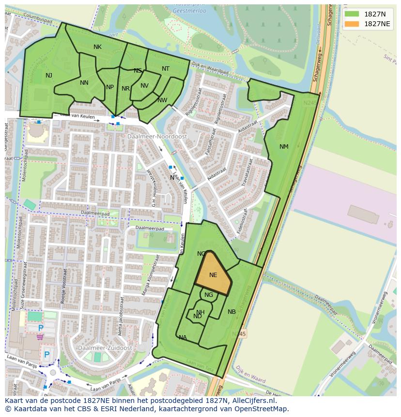 Afbeelding van het postcodegebied 1827 NE op de kaart.
