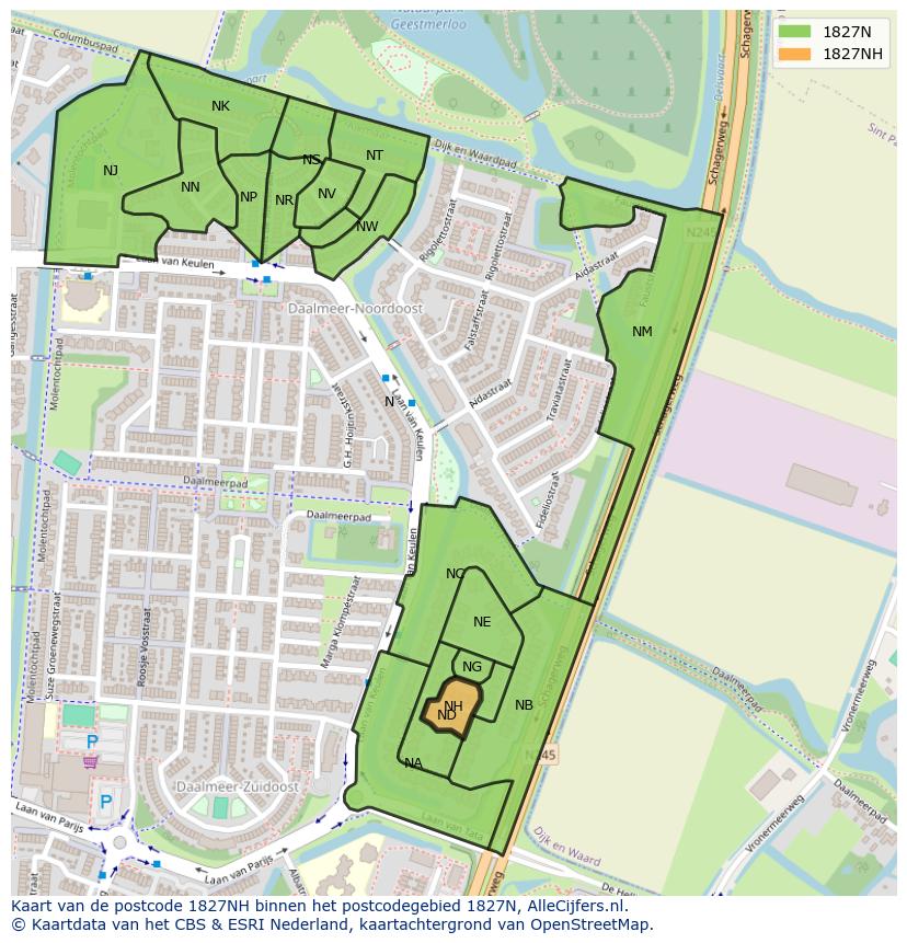 Afbeelding van het postcodegebied 1827 NH op de kaart.