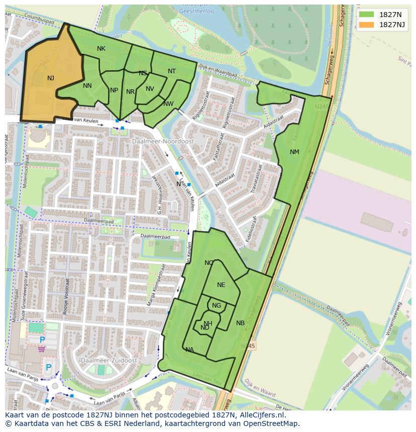 Afbeelding van het postcodegebied 1827 NJ op de kaart.