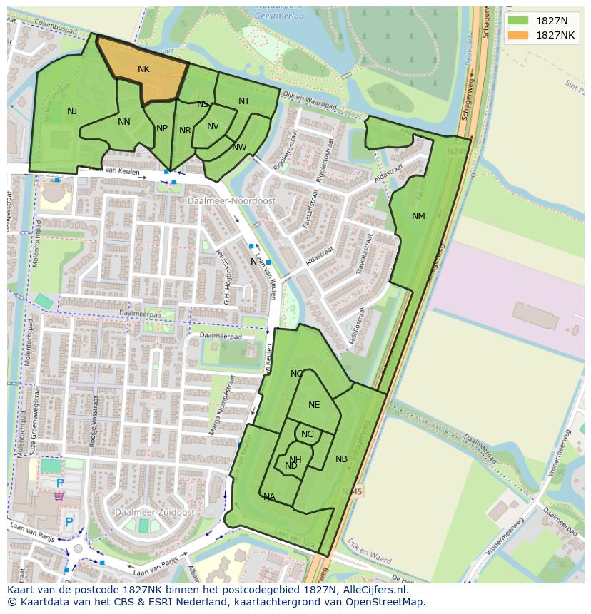 Afbeelding van het postcodegebied 1827 NK op de kaart.