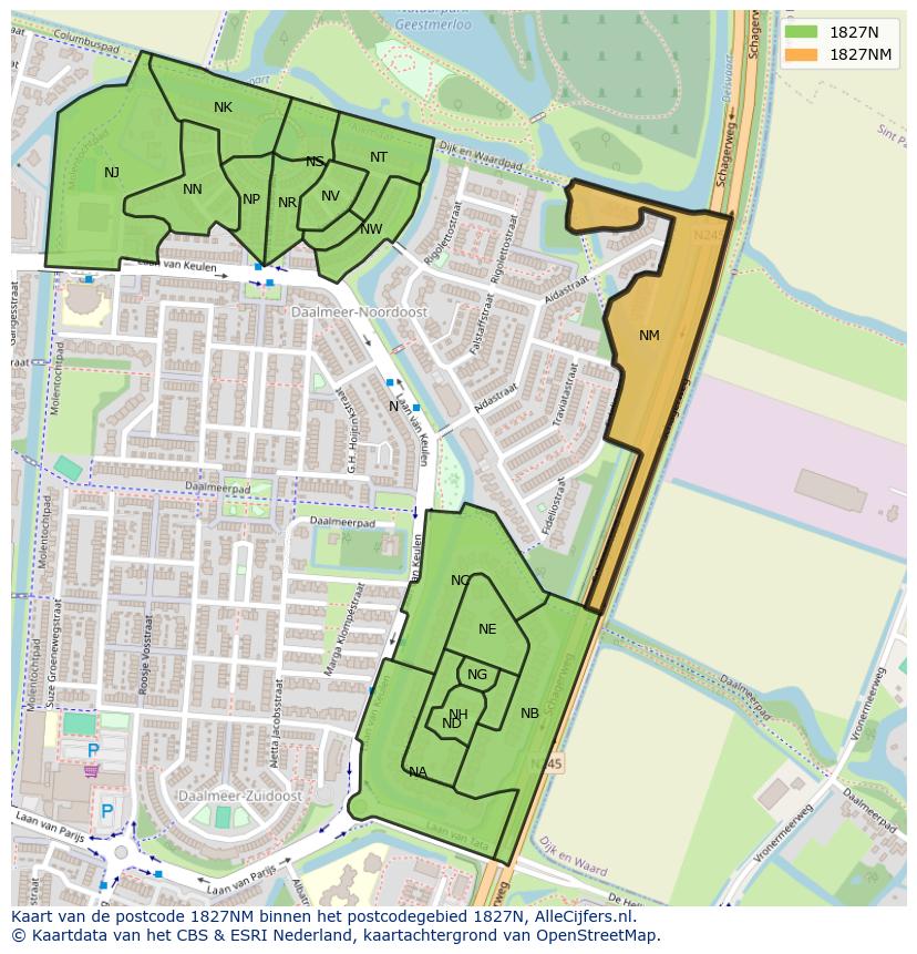 Afbeelding van het postcodegebied 1827 NM op de kaart.