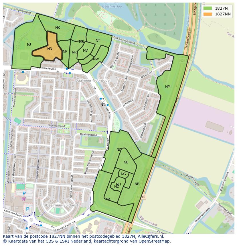 Afbeelding van het postcodegebied 1827 NN op de kaart.