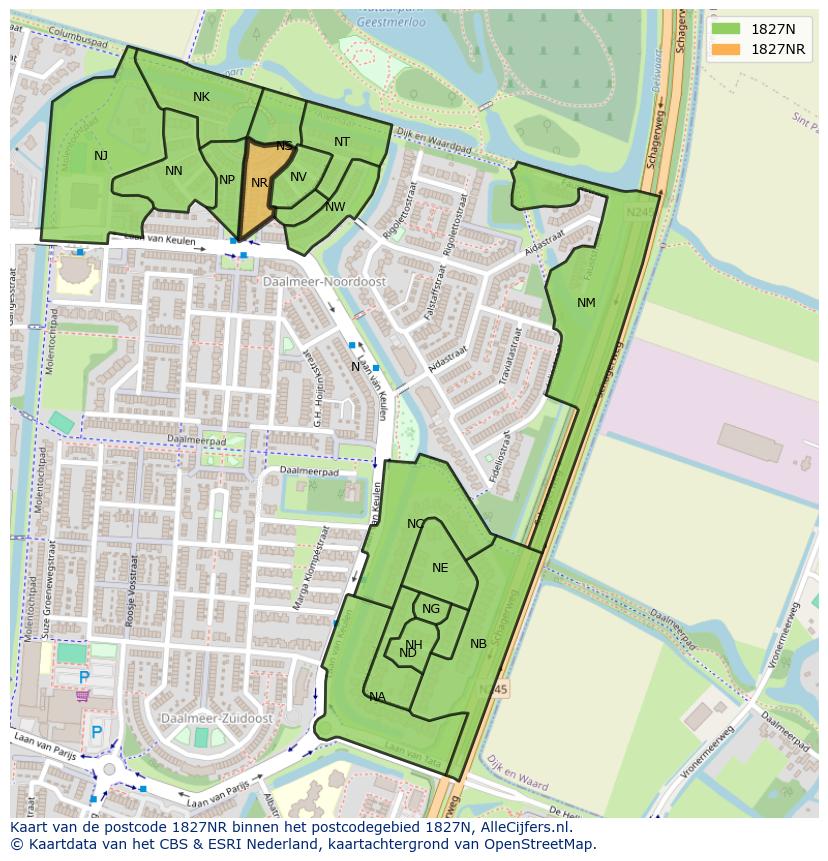 Afbeelding van het postcodegebied 1827 NR op de kaart.