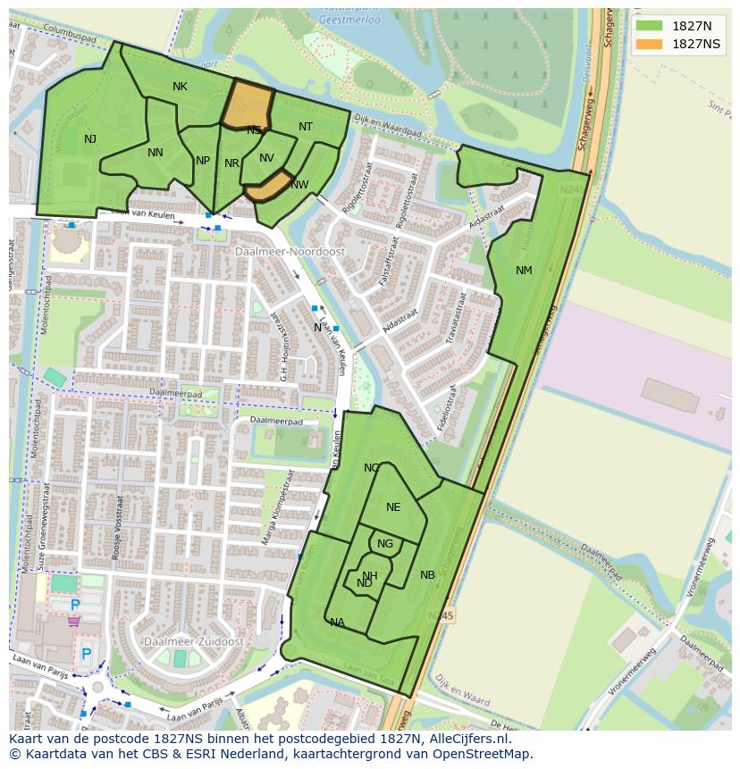 Afbeelding van het postcodegebied 1827 NS op de kaart.