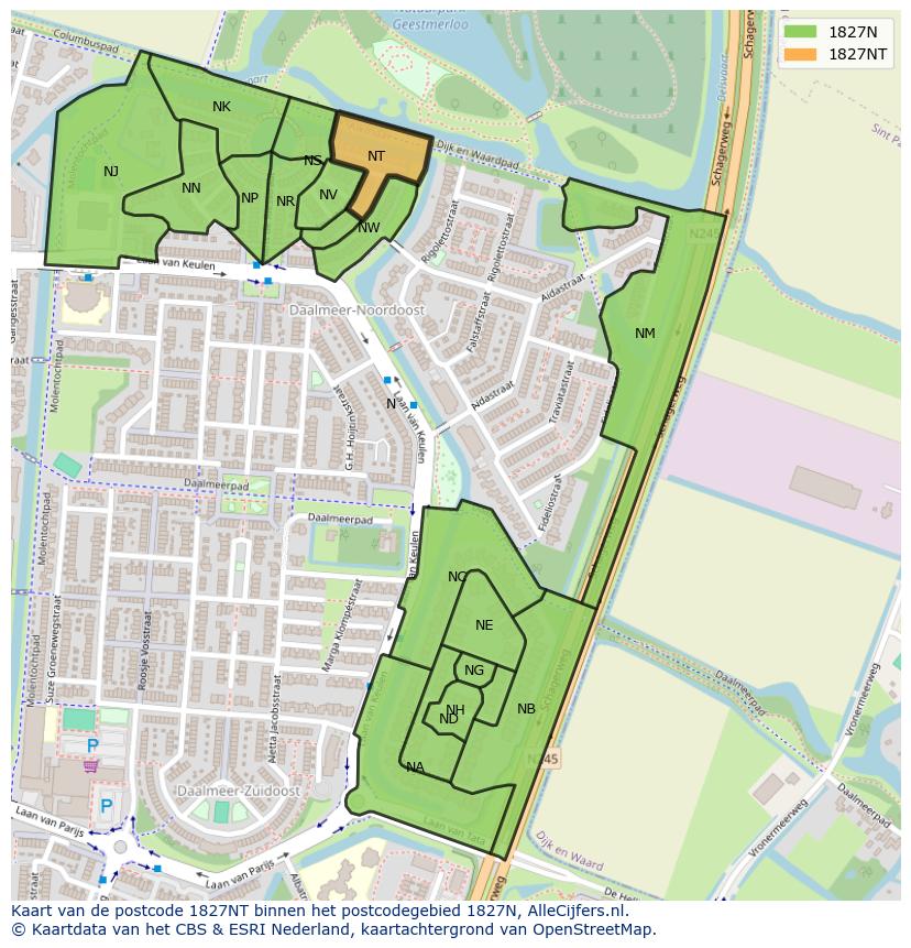 Afbeelding van het postcodegebied 1827 NT op de kaart.