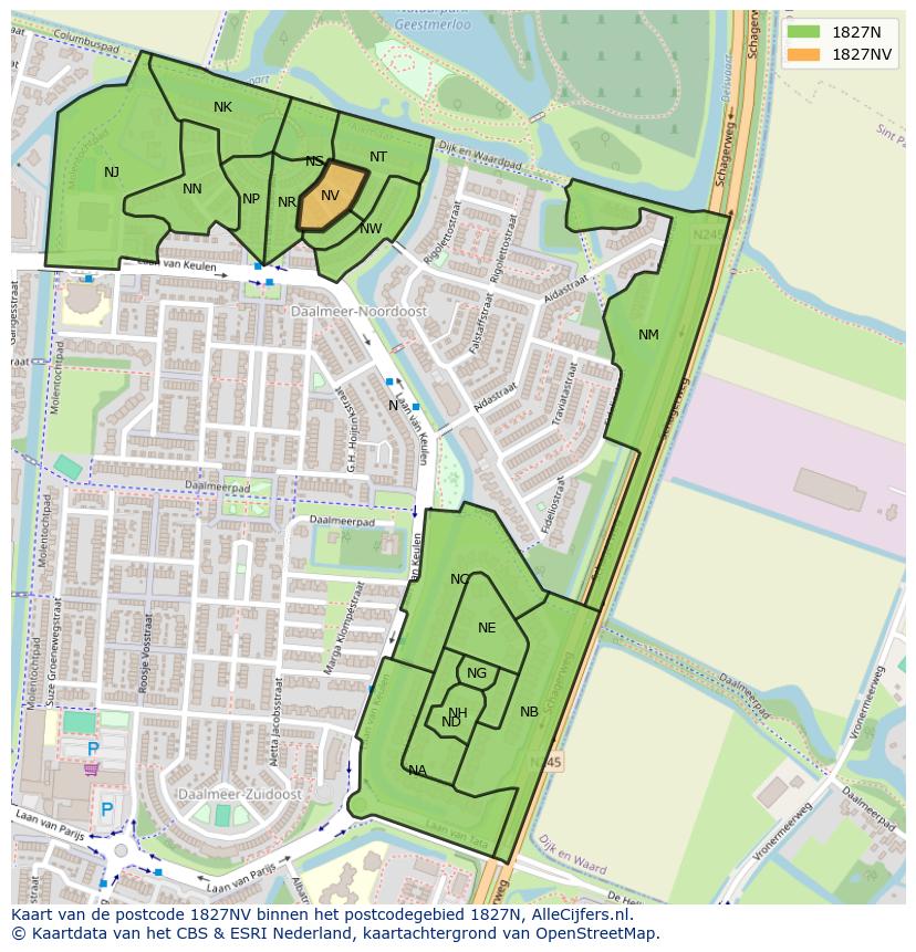 Afbeelding van het postcodegebied 1827 NV op de kaart.