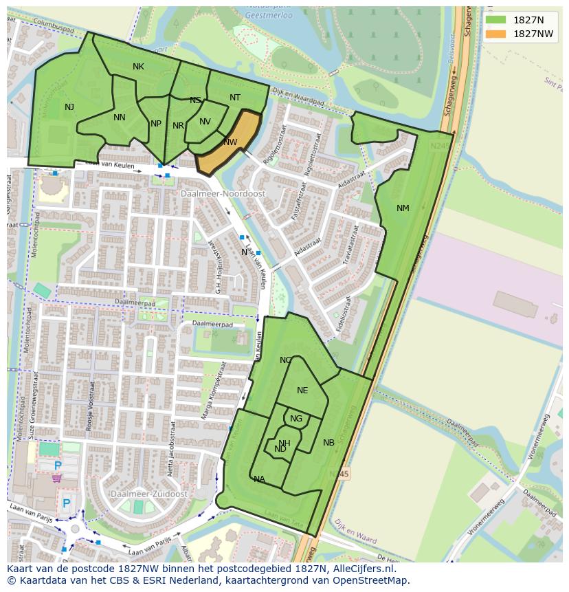 Afbeelding van het postcodegebied 1827 NW op de kaart.