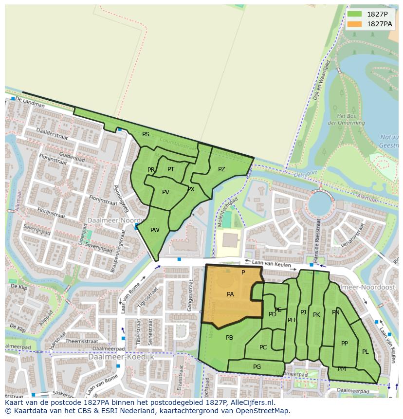 Afbeelding van het postcodegebied 1827 PA op de kaart.