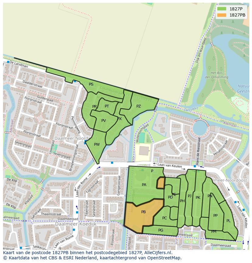 Afbeelding van het postcodegebied 1827 PB op de kaart.