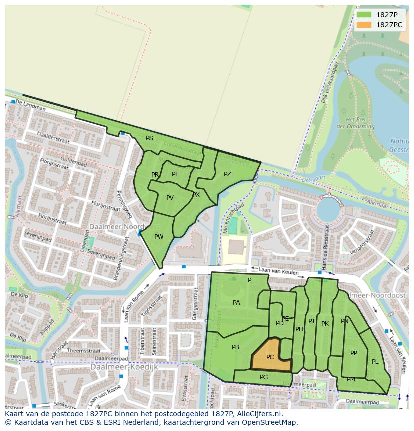 Afbeelding van het postcodegebied 1827 PC op de kaart.