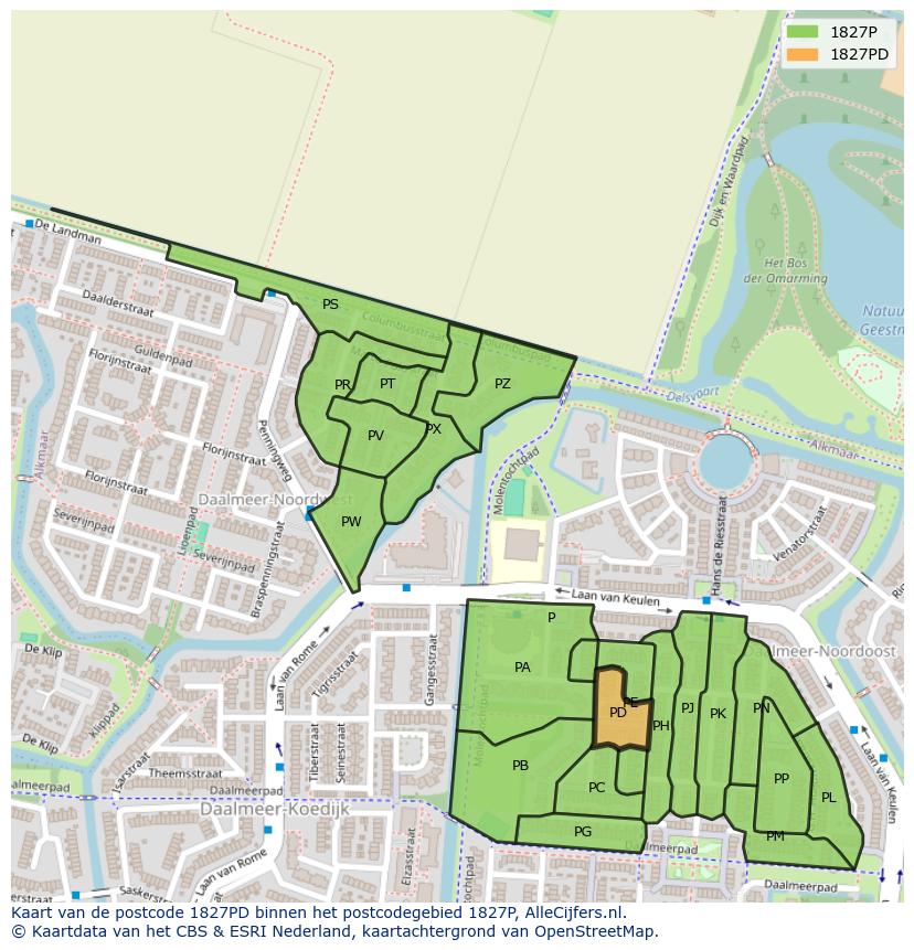 Afbeelding van het postcodegebied 1827 PD op de kaart.