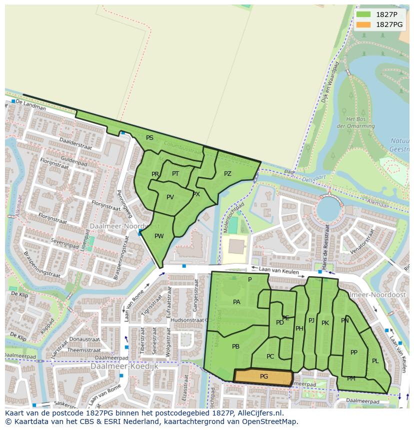 Afbeelding van het postcodegebied 1827 PG op de kaart.