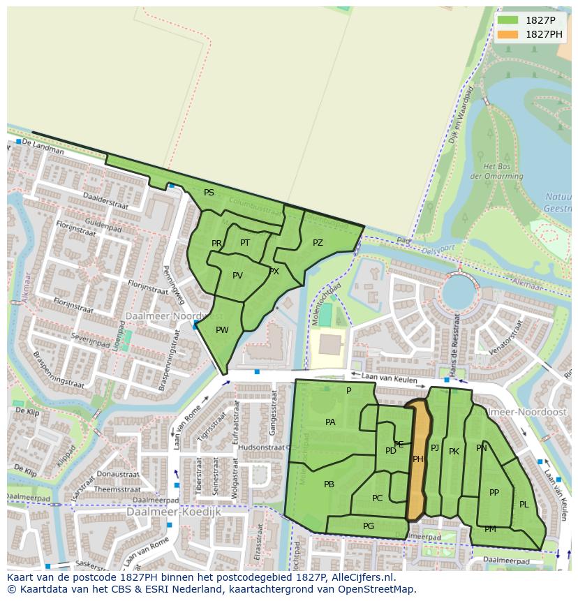 Afbeelding van het postcodegebied 1827 PH op de kaart.