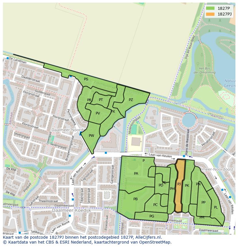 Afbeelding van het postcodegebied 1827 PJ op de kaart.