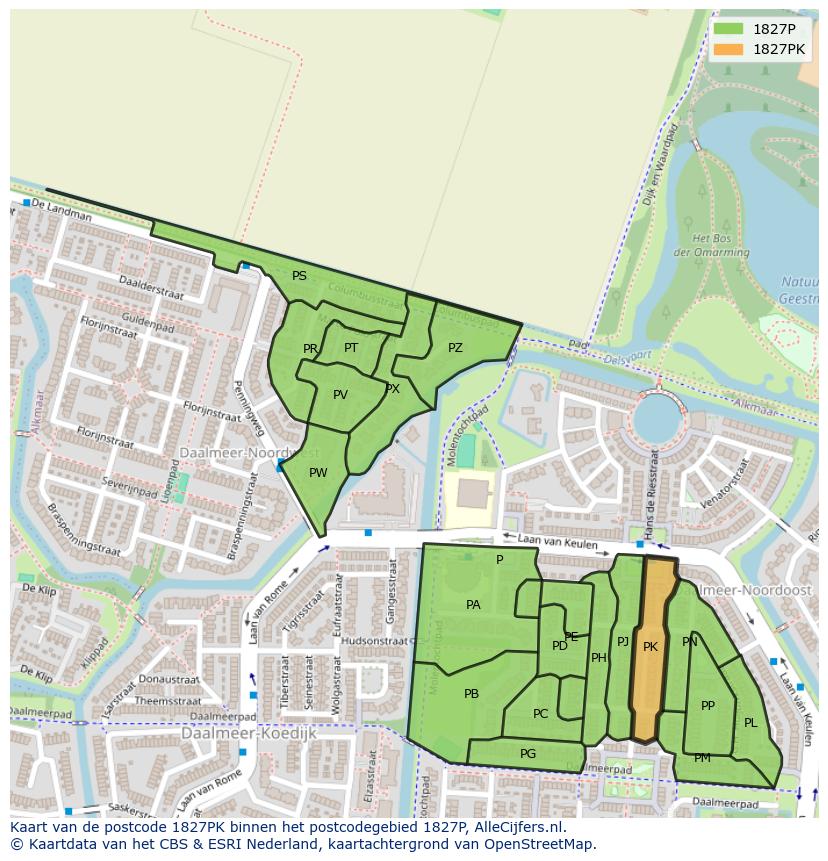 Afbeelding van het postcodegebied 1827 PK op de kaart.