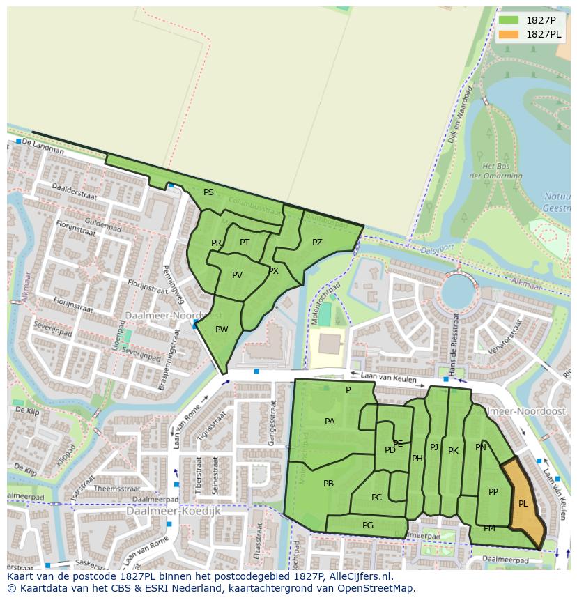 Afbeelding van het postcodegebied 1827 PL op de kaart.