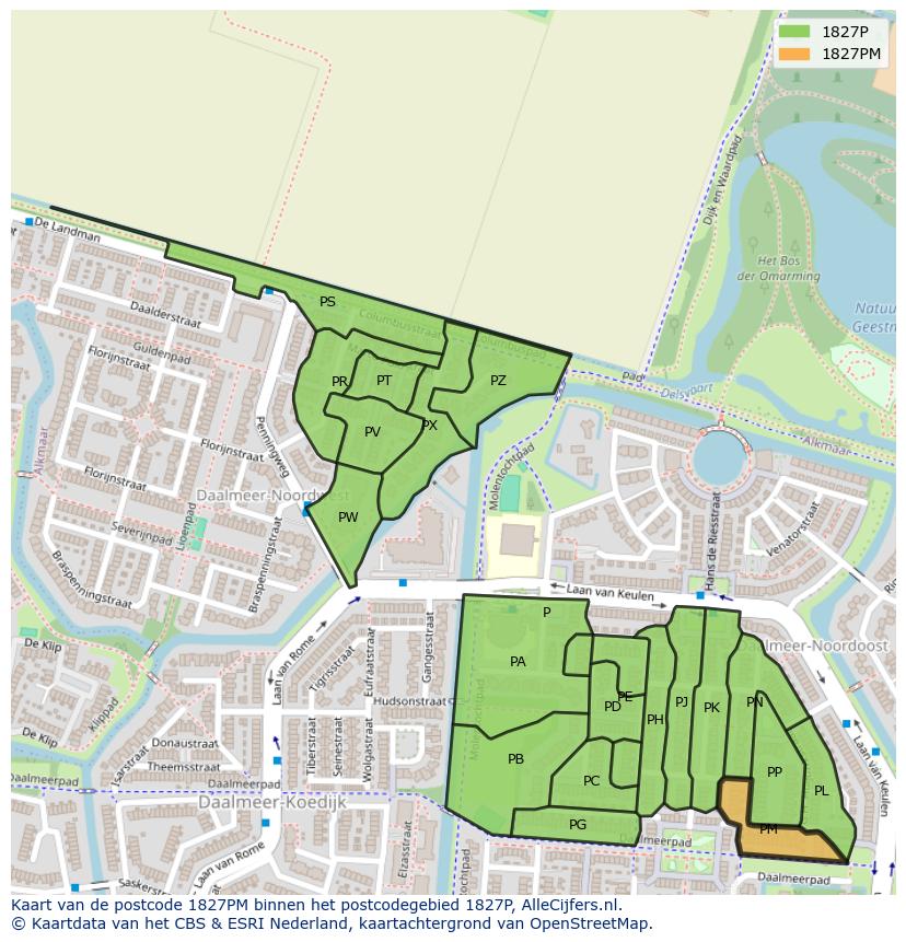 Afbeelding van het postcodegebied 1827 PM op de kaart.