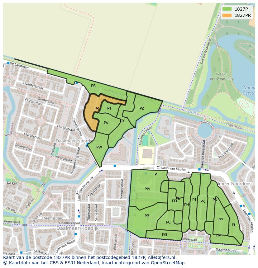 Afbeelding van het postcodegebied 1827 PR op de kaart.