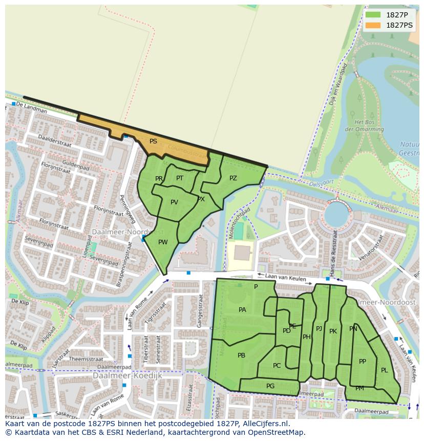 Afbeelding van het postcodegebied 1827 PS op de kaart.