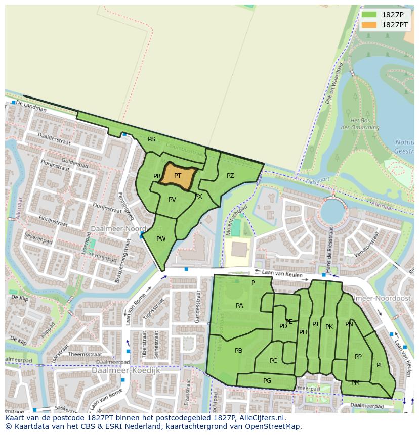 Afbeelding van het postcodegebied 1827 PT op de kaart.