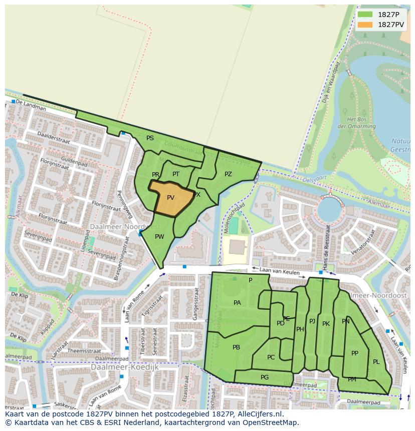 Afbeelding van het postcodegebied 1827 PV op de kaart.