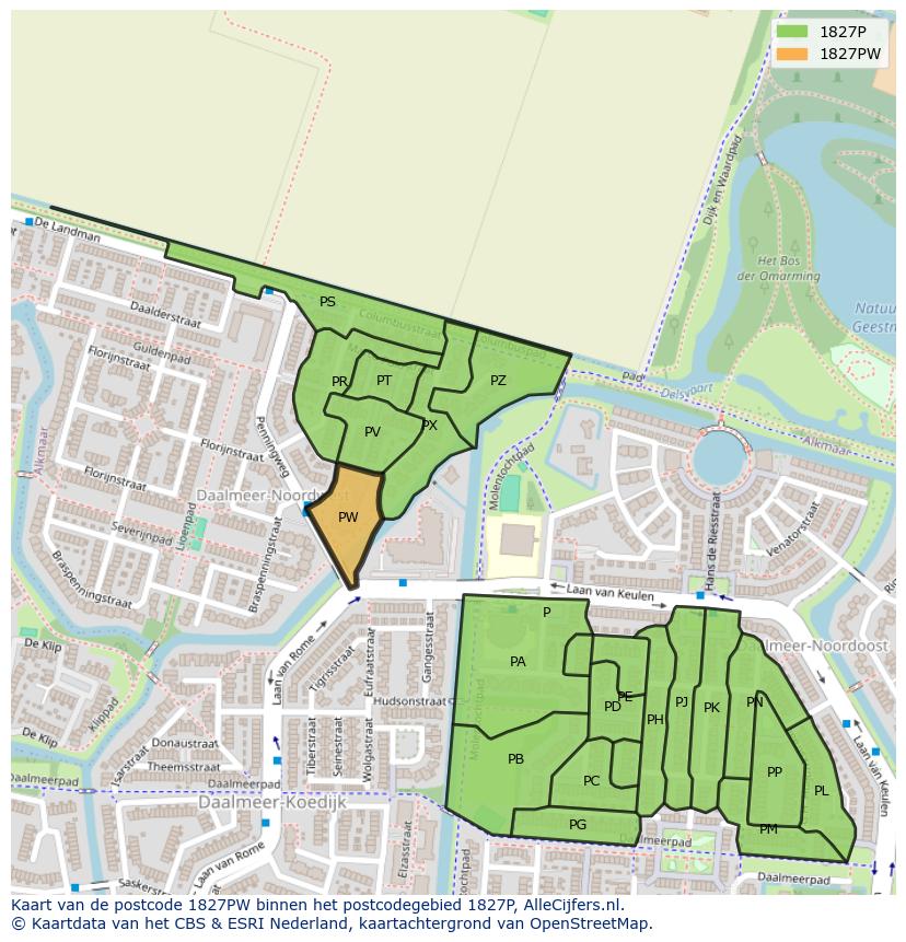 Afbeelding van het postcodegebied 1827 PW op de kaart.