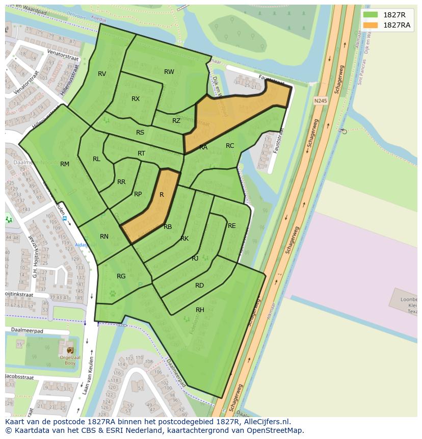 Afbeelding van het postcodegebied 1827 RA op de kaart.