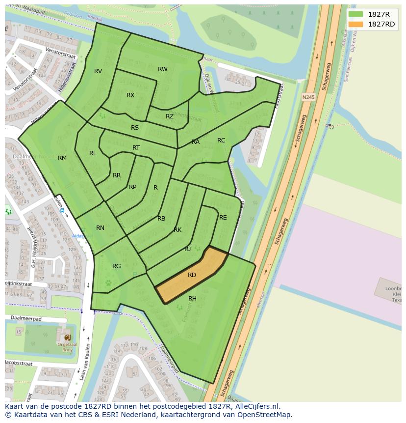 Afbeelding van het postcodegebied 1827 RD op de kaart.