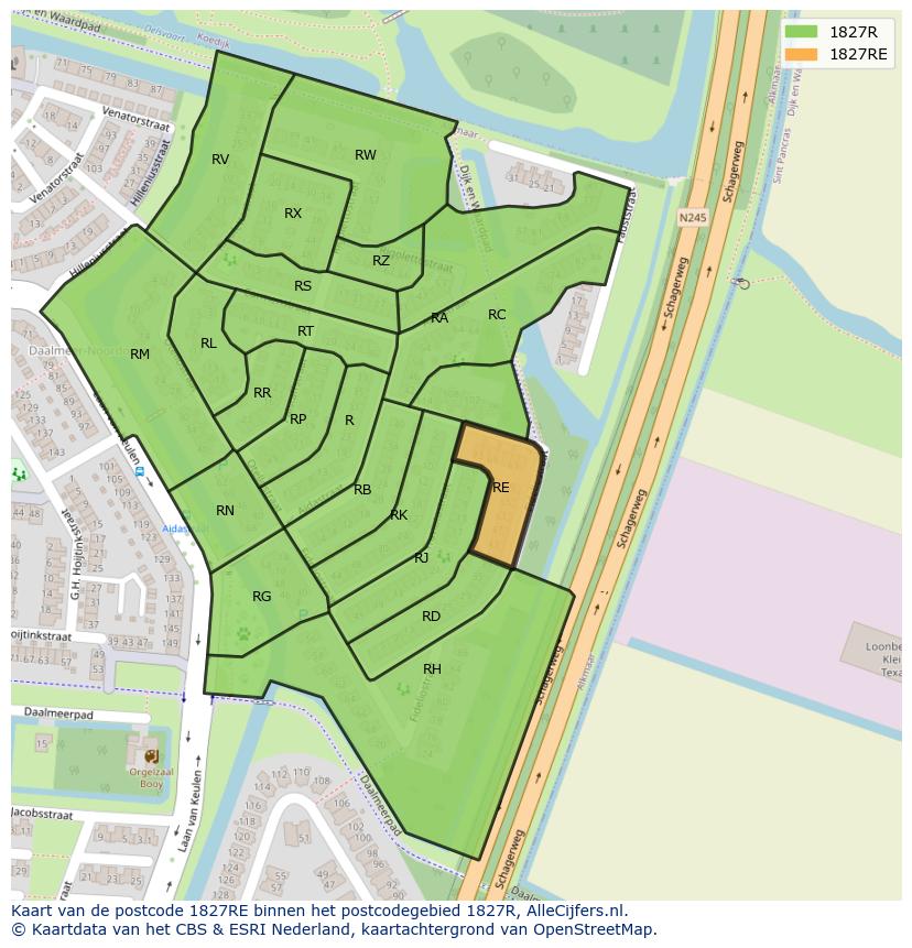 Afbeelding van het postcodegebied 1827 RE op de kaart.