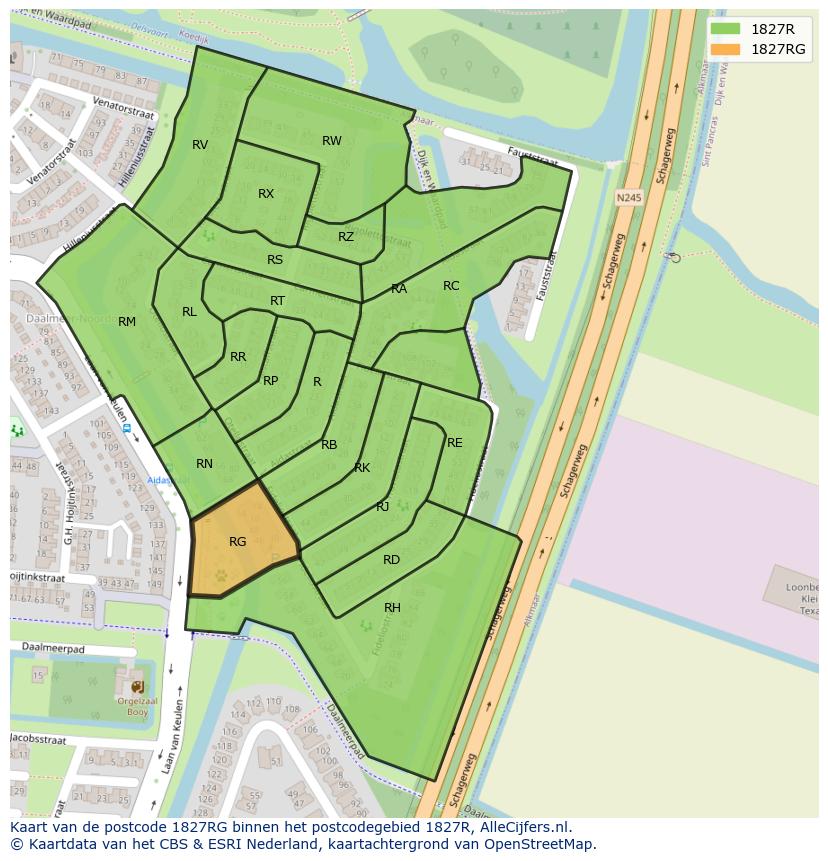 Afbeelding van het postcodegebied 1827 RG op de kaart.