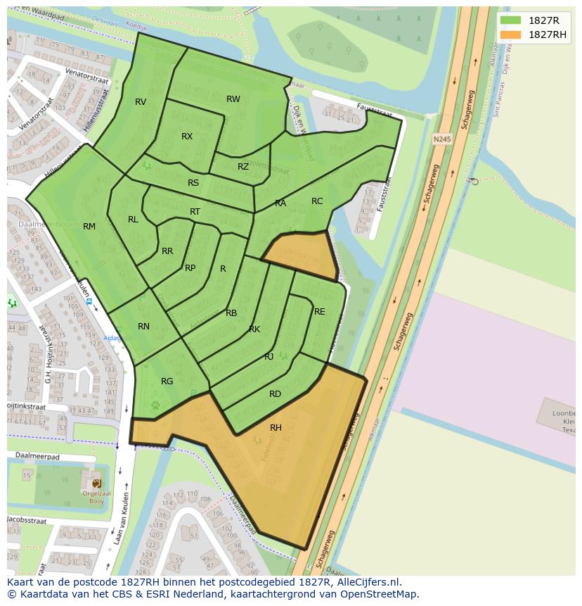 Afbeelding van het postcodegebied 1827 RH op de kaart.