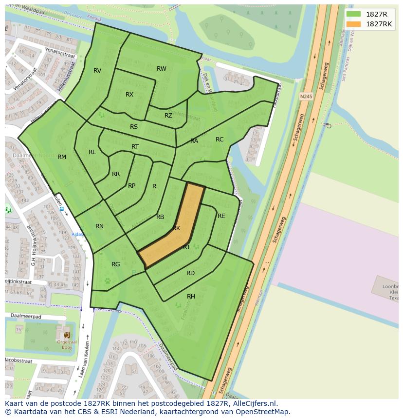 Afbeelding van het postcodegebied 1827 RK op de kaart.
