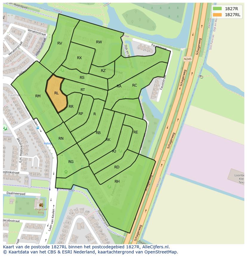 Afbeelding van het postcodegebied 1827 RL op de kaart.