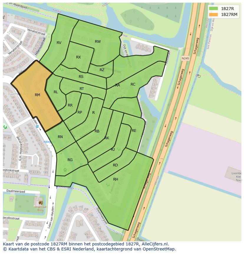 Afbeelding van het postcodegebied 1827 RM op de kaart.