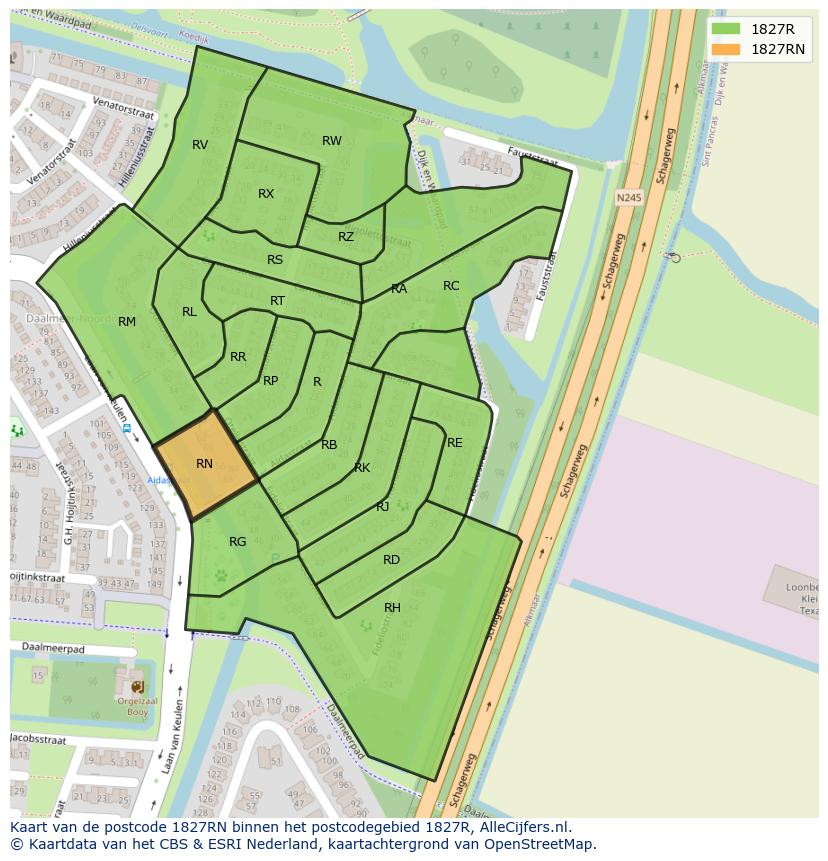 Afbeelding van het postcodegebied 1827 RN op de kaart.