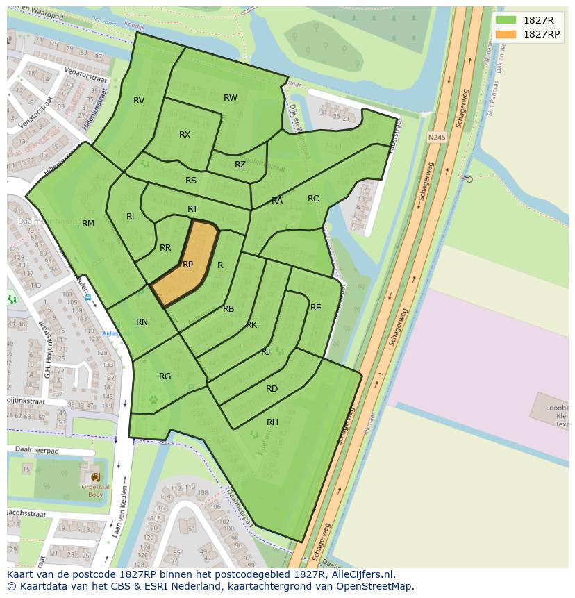 Afbeelding van het postcodegebied 1827 RP op de kaart.