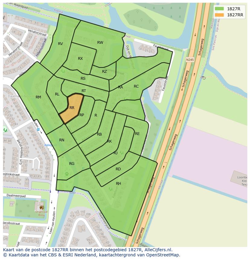 Afbeelding van het postcodegebied 1827 RR op de kaart.