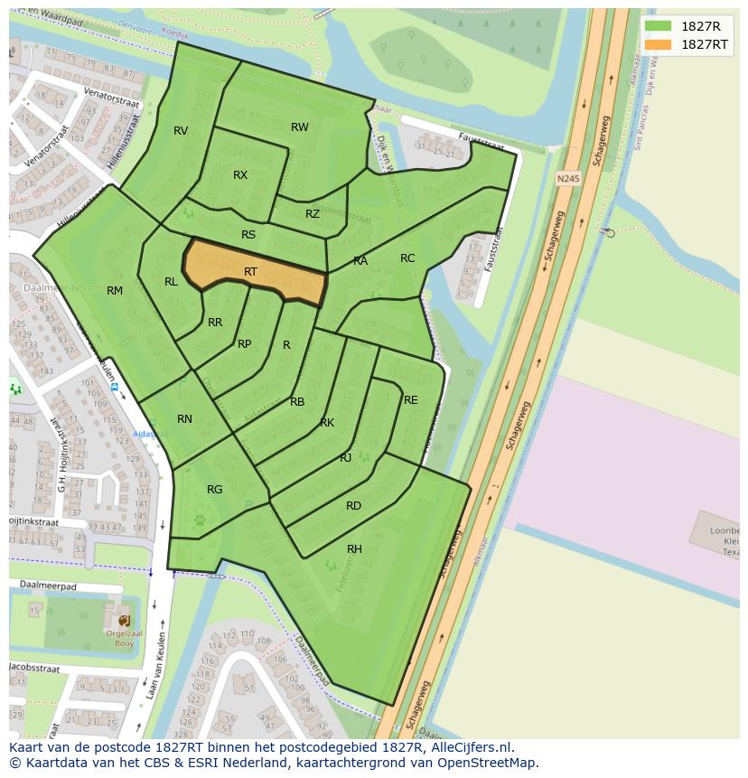 Afbeelding van het postcodegebied 1827 RT op de kaart.