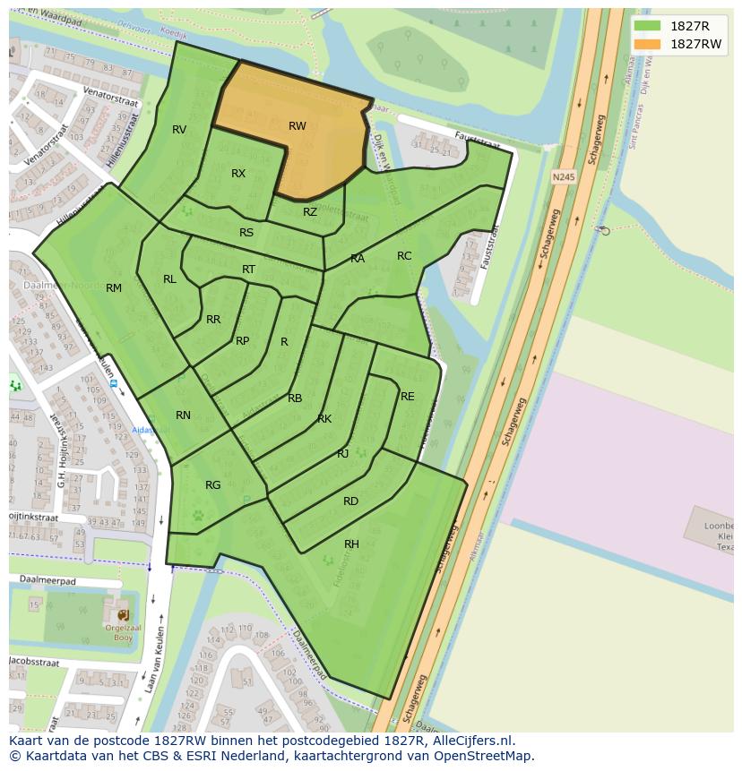 Afbeelding van het postcodegebied 1827 RW op de kaart.