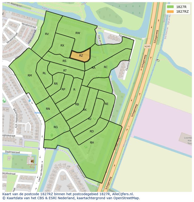 Afbeelding van het postcodegebied 1827 RZ op de kaart.