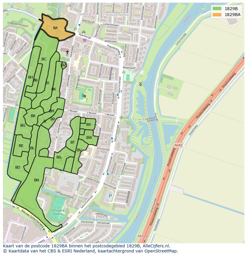 Afbeelding van het postcodegebied 1829 BA op de kaart.